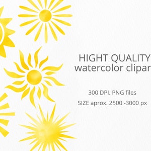 Może przedstawiać: Pięć akwarelowych ilustracji ż&oacute;łtych słońc o r&oacute;żnych wzorach. Słońca są izolowane na białym tle. HIGHT QUALITY clipart akwarelowy. 300 DPI. Pliki PNG. ROZMIAR ok. 2500-3000 px