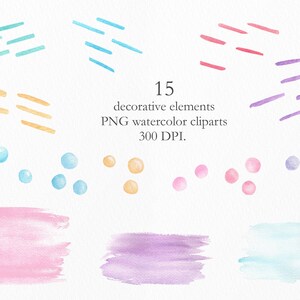May include: A set of 15 watercolor clipart elements in various colors, including blue, pink, purple, and yellow. The elements include lines, dots, and brushstrokes. 15 decorative elements PNG watercolor clipart 300 DPI.
