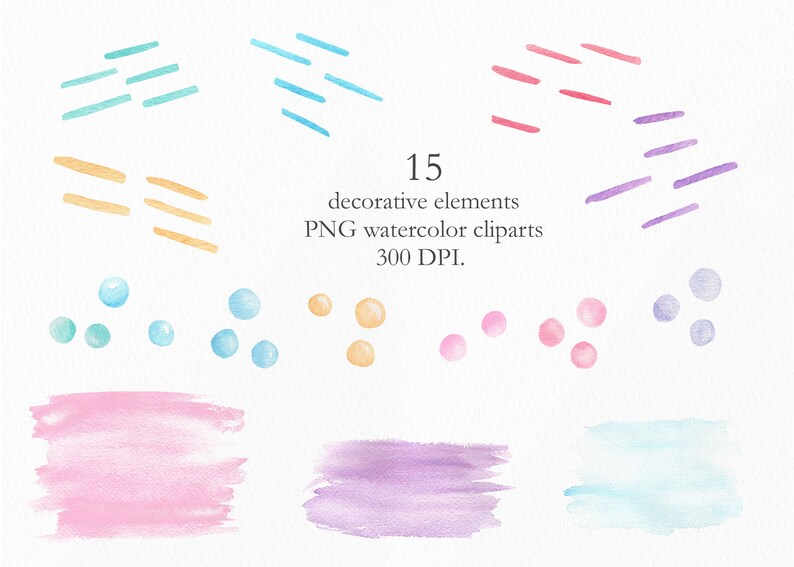 May include: A set of 15 watercolor clipart elements in various colors, including blue, pink, purple, and yellow. The elements include lines, dots, and brushstrokes. 15 decorative elements PNG watercolor clipart 300 DPI.