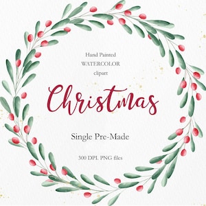 Clipart dell'acquerello della ghirlanda di Natale, ghirlanda natalizia PNG, clipart natalizia della ghirlanda invernale, clipart delle vacanze della ghirlanda dell'acquerello. C022
