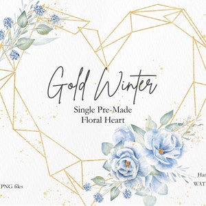 Aquarell Blumen Herz Kranz Clipart, Blaue Blume & Grün Gold Rahmen für Hochzeitseinladung und Dekoration, DIY Projekt. WBF