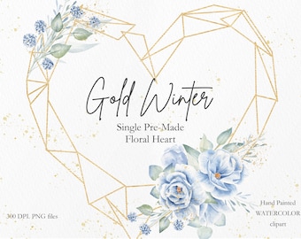 Watercolor Floral Heart Wreath Clipart, Blue Flower & Greenery Gold Frame for Wedding Invitation and decoration, DIY Project. WBF