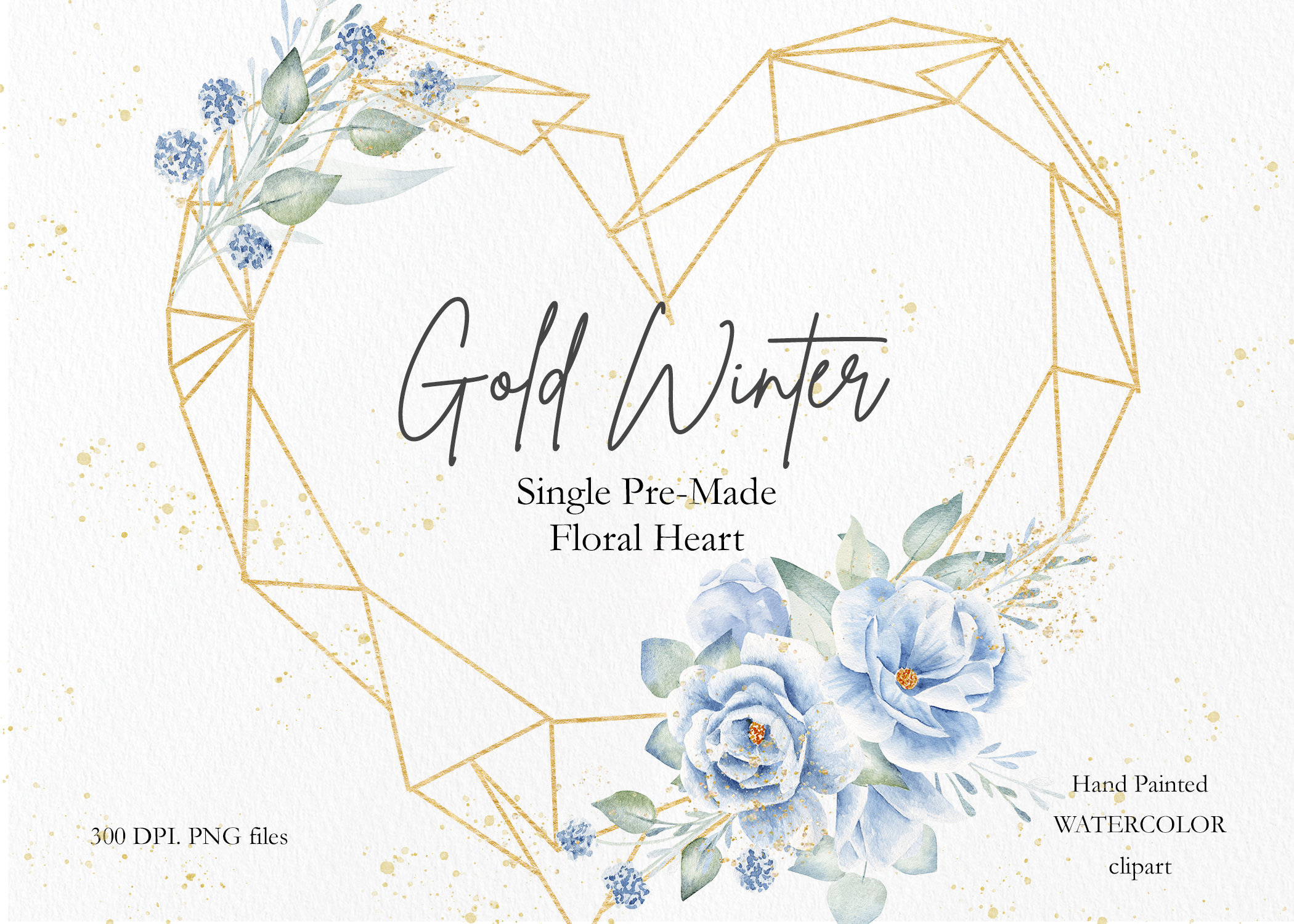 Watercolor Floral Heart Wreath Clipart, Blue Flower & Greenery Gold ...