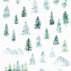 May include: Watercolour illustrations of evergreen trees and mountains in shades of green and blue. The image includes various tree designs and mountain silhouettes, with the text "29 PNG floral clipart".