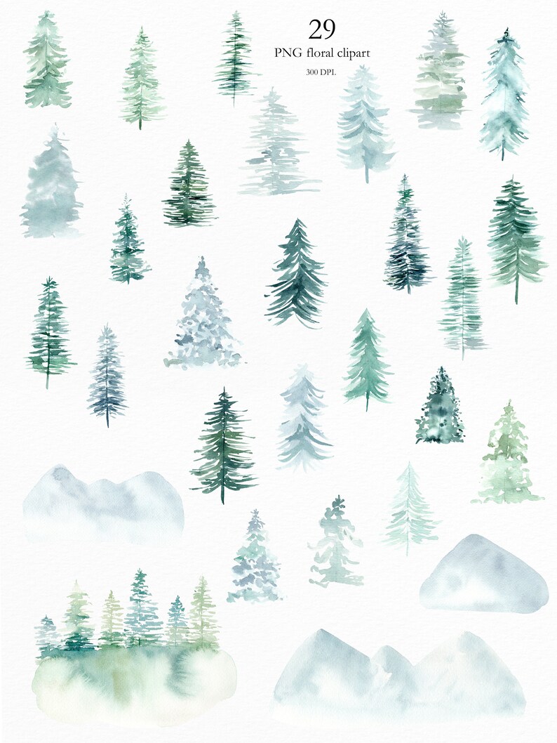 May include: Watercolour illustrations of evergreen trees and mountains in shades of green and blue. The image includes various tree designs and mountain silhouettes, with the text "29 PNG floral clipart".