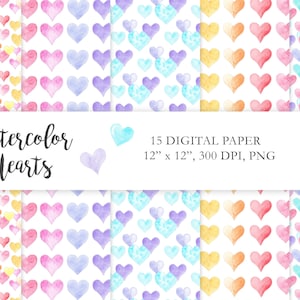 Valentine Watercolor Hearts Digital Paper Pack, 15 Seamless Heart Pattern,  Colored Hearts Paper, Valentine Scrapbook Paper, PNG-103