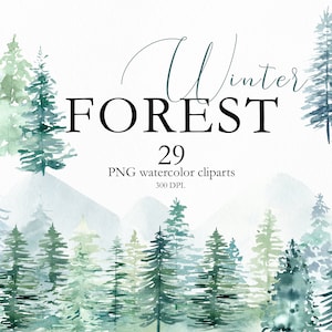 Winter Forest Watercolor Clipart, Christmas Pine Trees Clip Art, Winter Landscape Clipart, Winter Wedding Woodland Clipart, PNG Files. C015