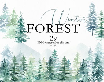 Winter Forest Watercolor Clipart, Christmas Pine Trees Clip Art, Winter Landscape Clipart, Winter Wedding Woodland Clipart, PNG Files. C015