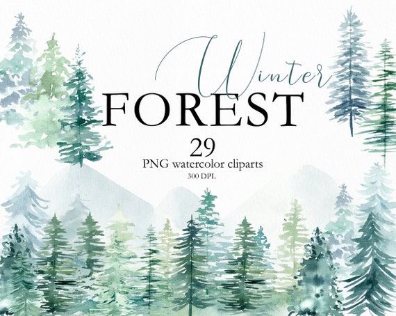 Winter Forest Watercolor Clipart Christmas Pine Trees Clip Etsy