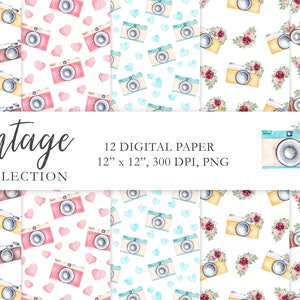 Aquarelle vintage Appareil photo Papier numérique, Appareil photo floral rétro Sans couture Motif, Photographie DIY Scrapbook, Carte, Autocollants, Tissu. C006