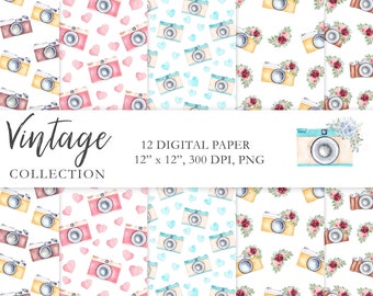 Watercolor Vintage Camera Digital Paper, Retro Floral Photo Camera Seamless Pattern, Photography DIY Scrapbook, Card, Stickers, Fabric. C006