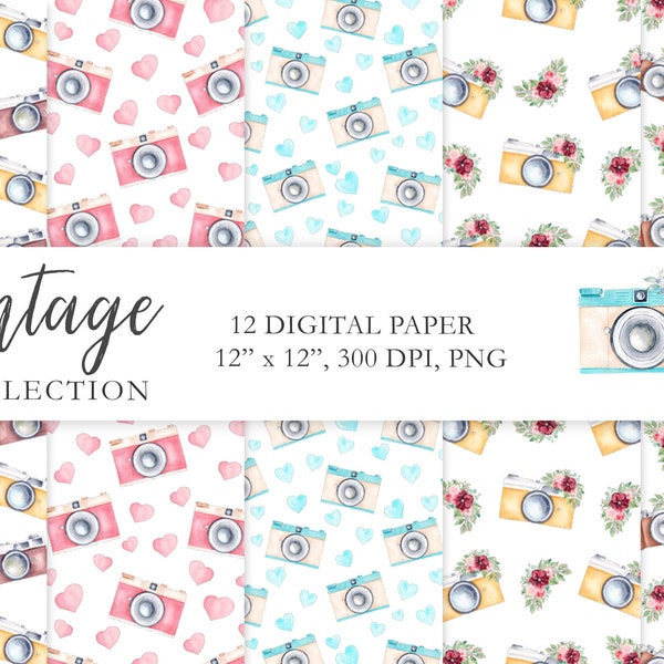 Watercolor Vintage Camera Digital Paper, Retro Floral Photo Camera Seamless Pattern, Photography DIY Scrapbook, Card, Stickers, Fabric. C006