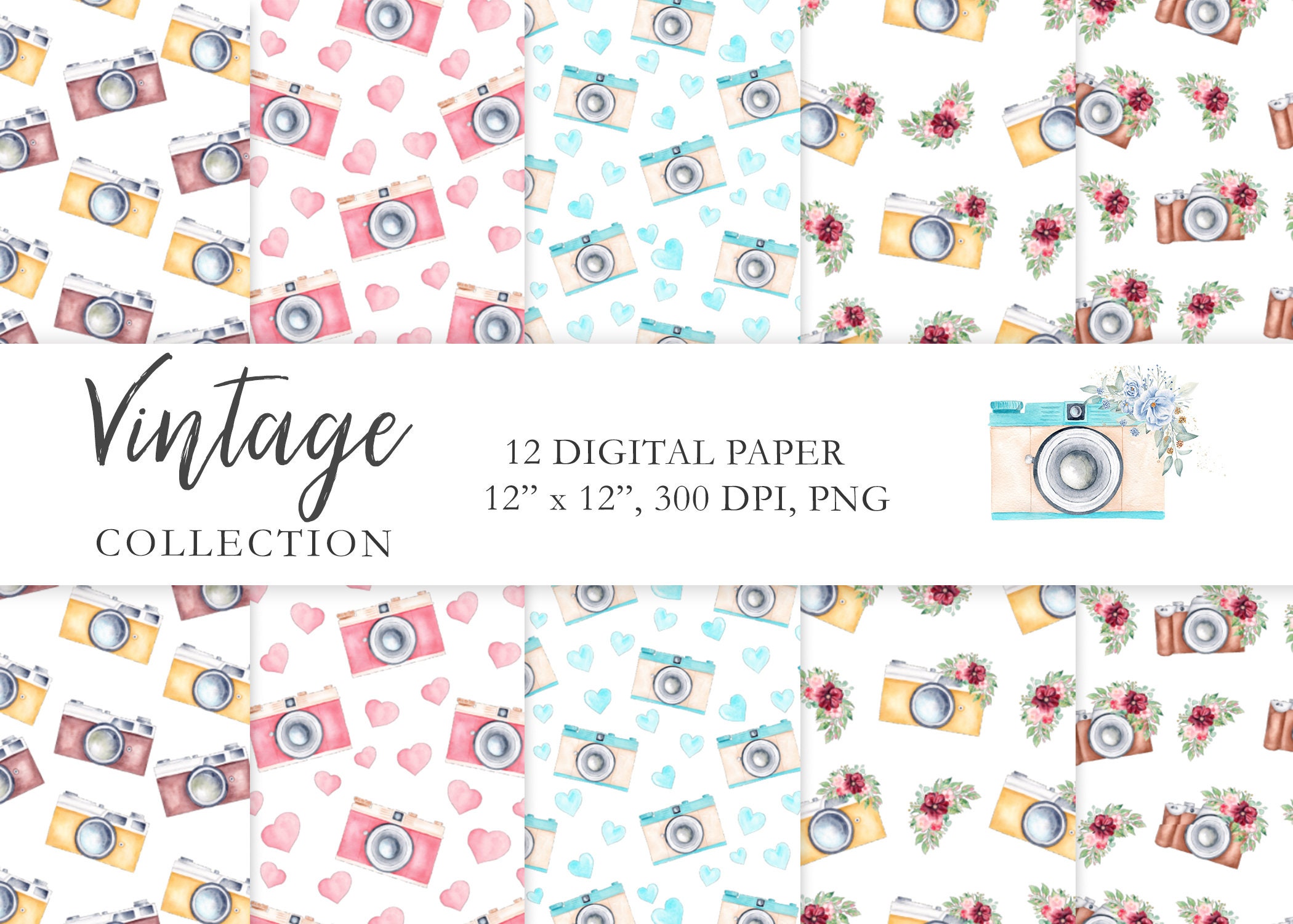 Watercolor Vintage Camera Digital Paper, Retro Floral Photo Camera Seamless Pattern, Photography DIY Scrapbook, Card, Stickers, Fabric. C006