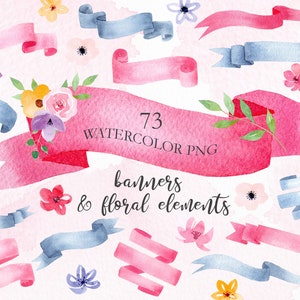 Watercolor Banners Clipart Set, 73 Ribbons Clipart, Colored Banners. Watercolor elements on transparent background, PNG files.