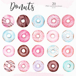 May include: Twenty watercolor donuts in various colors and designs, including pink, blue, brown, and white. The donuts have different toppings, such as sprinkles, chocolate drizzle, and frosting.