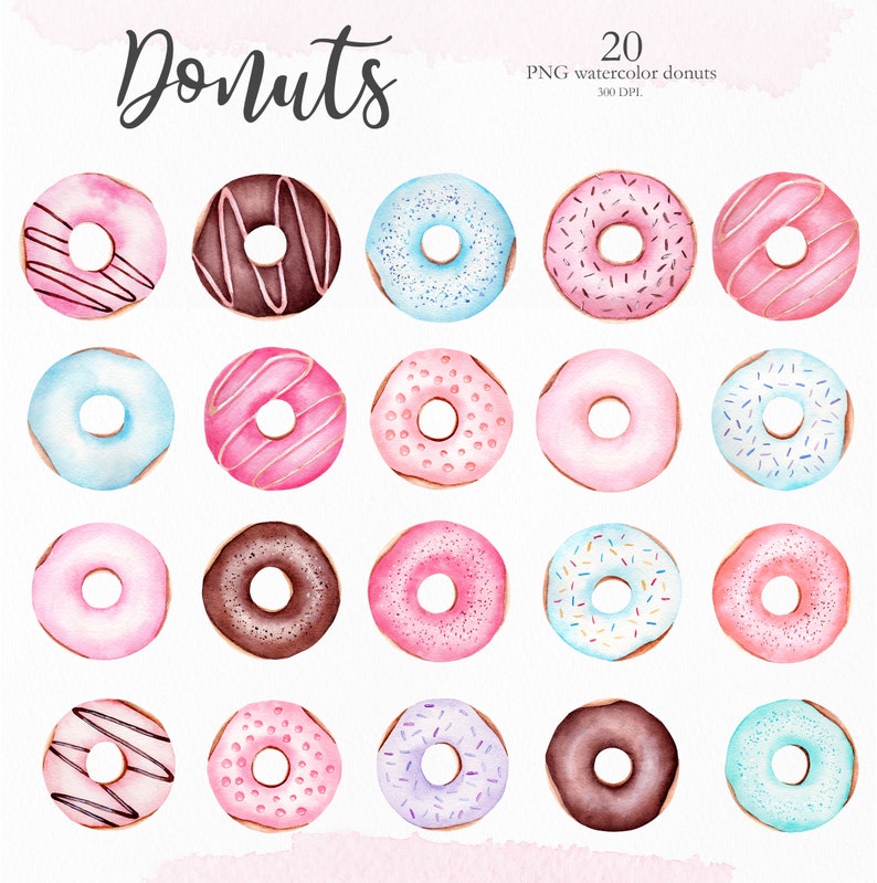 May include: Twenty watercolor donuts in various colors and designs, including pink, blue, brown, and white. The donuts have different toppings, such as sprinkles, chocolate drizzle, and frosting.
