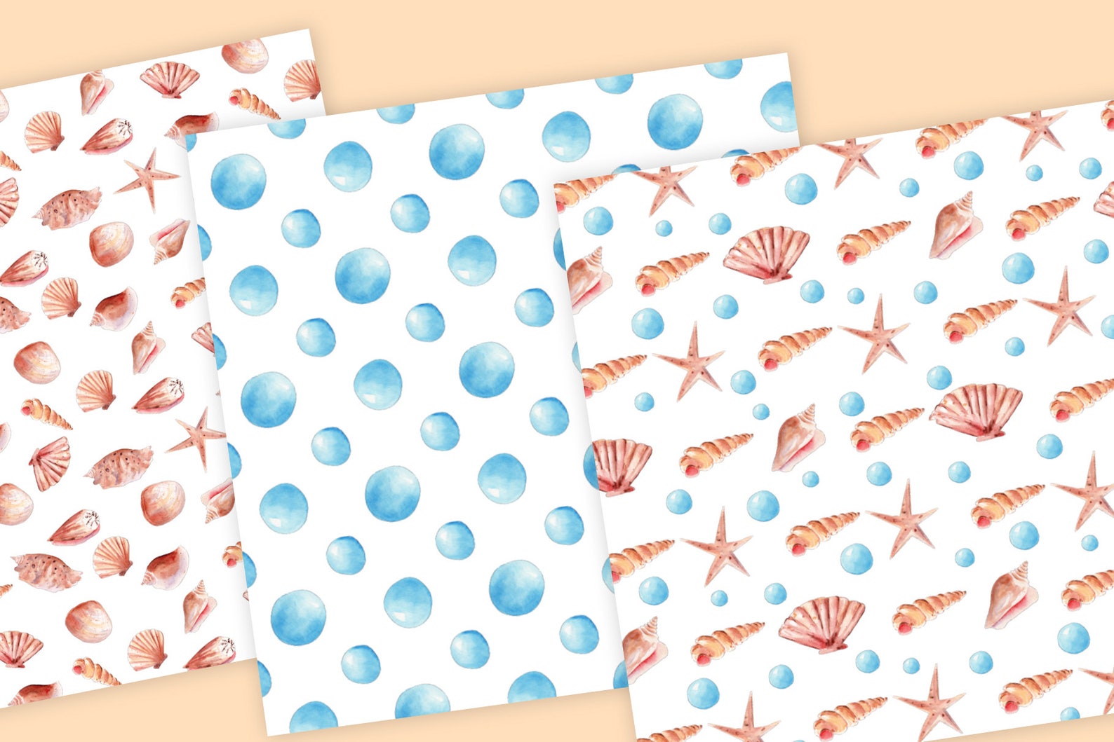 Seashell Digital Paper Pack Watercolor Shells Patterns - Etsy