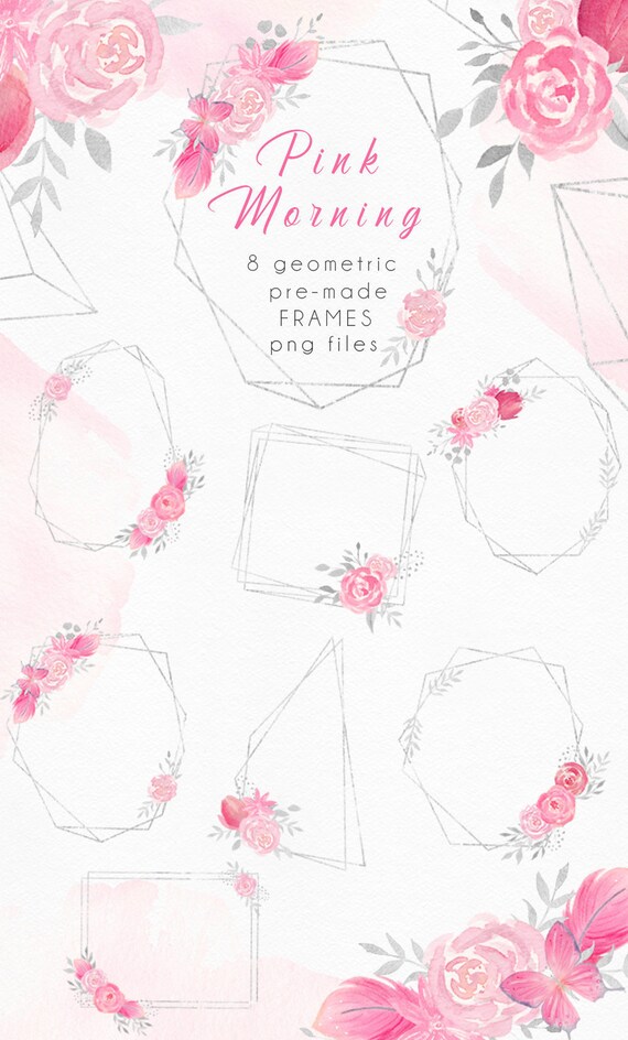 Pink Floral Frame Watercolor Clipart Png Poligonal Geometric Etsy