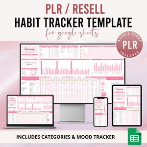 Könnte beinhalten: Eine digitale Gewohnheits-Tracker-Vorlage, die auf einem Laptop, einem Desktop-Monitor, einem Tablet und einem Smartphone angezeigt wird. Die Vorlage ist rosa und weiß, mit dem Wort "Januar" sichtbar. Text enthält "PLR / RESELL HABIT TRACKER TEMPLATE for google sheets".
