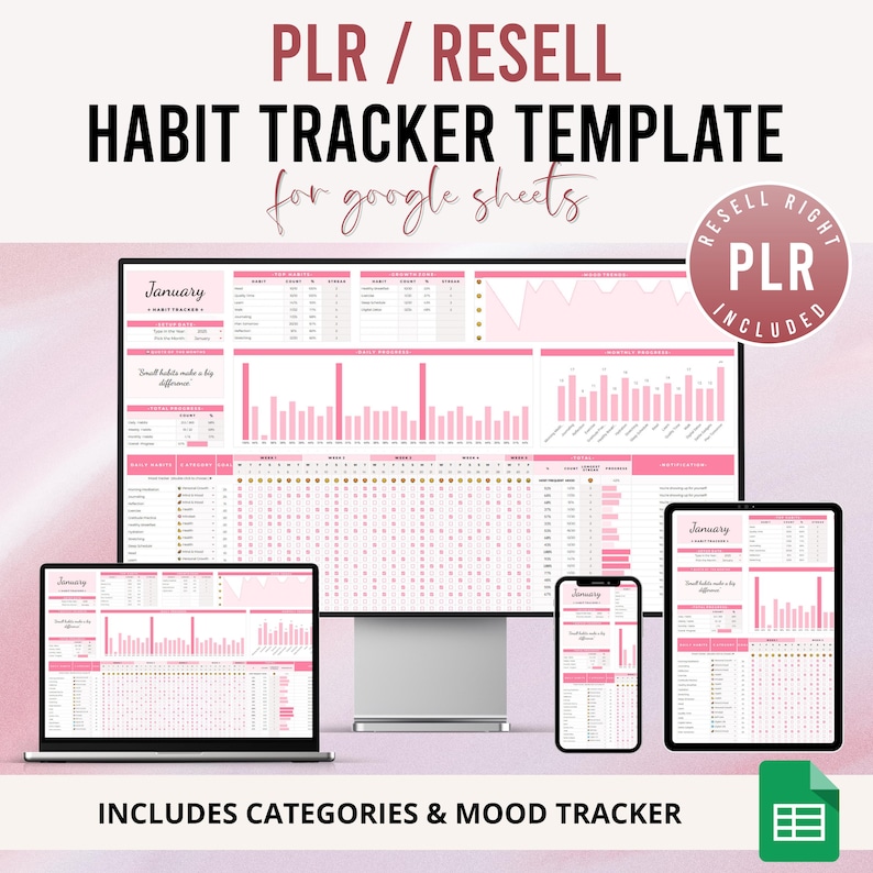 May include: A digital habit tracker template displayed on a laptop, desktop monitor, tablet, and smartphone. The template is pink and white, with the word "January" visible. Text includes "PLR / RESELL HABIT TRACKER TEMPLATE for google sheets" and "INCLUDES CATEGORIES & MOOD TRACKER."