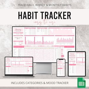 Puede incluir: Un rastreador de hábitos digital que se muestra en un monitor de computadora, una computadora portátil, una tableta y un teléfono inteligente. El rastreador es rosa y blanco, con el texto "HABIT TRACKER" y "easy to use". La imagen también incluye el texto "TRACK DAILY, WEEKLY & MONTHLY HABITS" y "INCLUDES CATEGORIES & MOOD TRACKER".