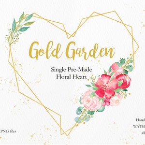 Clipart de moldura de coração floral dourado aquarela, guirlanda geométrica de dia dos namorados, convite de casamento DIY feito à mão Clip Art download digital - BGD