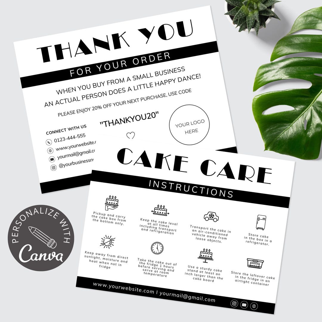 Cake Care Card Template - Canva Editable Design for Cake Packaging ...