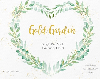 Greenery Leaf Watercolor Heart Wreath Clipart, Greenery Geometric Gold Frame, Greenery Frames Clip Art, Wedding Invitation, Instant PNG, BGD