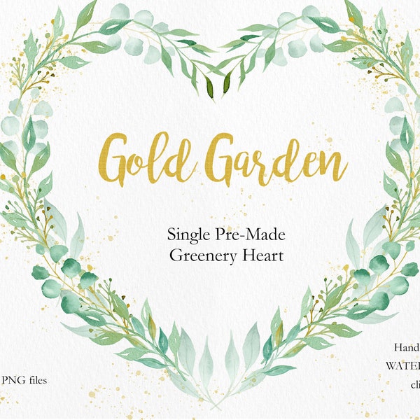 Greenery Leaf Watercolor Heart Wreath Clipart, Greenery Geometric Gold Frame, Greenery Frames Clip Art, Wedding Invitation, Instant PNG, BGD