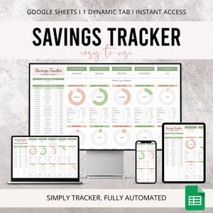 Puede incluir: Un rastreador de ahorro digital que se muestra en una computadora portátil, un monitor de escritorio, una tableta y un teléfono inteligente. La hoja de cálculo muestra datos financieros con gráficos y el texto "SAVINGS TRACKER" y "easy to use". El logotipo de Google Sheets está en la parte inferior derecha.