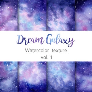 Papel digital de galáxia roxa aquarela, textura de aquarela de céu estrelado, clipart de galáxia violeta, casamento de inverno, papel universo.
