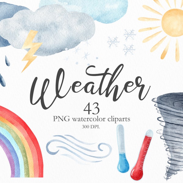 Wetter Aquarell Clipart Set, Wolke Sonne Regenbogen Illustration, Tornado Regen Blitz digitale ClipArt, Kinderzimmer Dekor Grafiken. C026