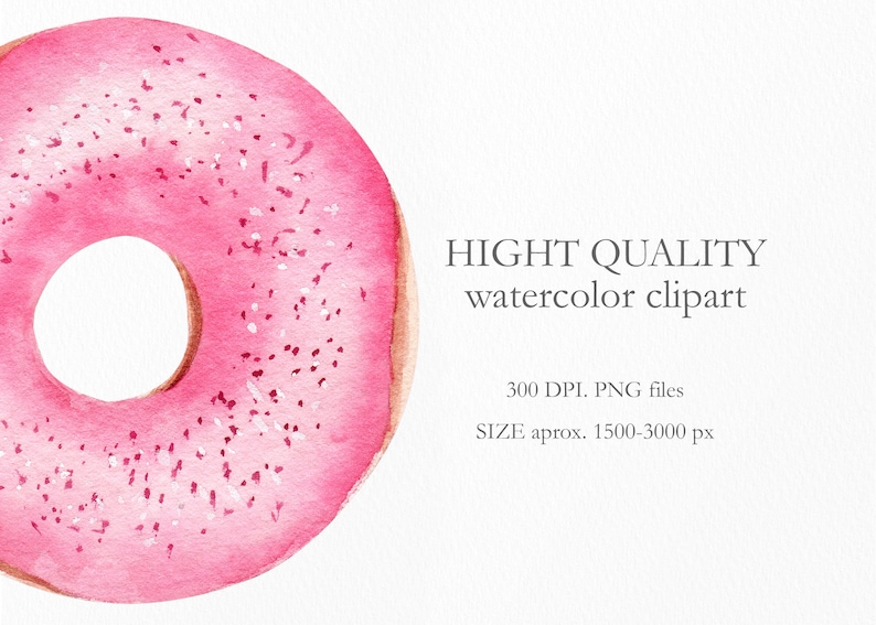 May include: A pink donut with white sprinkles. The donut is painted in a watercolor style.