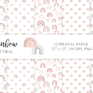 Carta digitale arcobaleno neutro acquerello, motivo grafico Boho Baby, parete della cameretta dei bambini, confezione di carta scandinava senza cuciture 12''x12''. C001