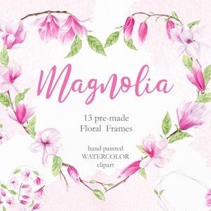 Zestaw 13 akwarelowych wianków z magnolii, clipartów geometrycznych ramek magnolii, clipartów zaproszeń ślubnych, natychmiastowe pobieranie. WMB