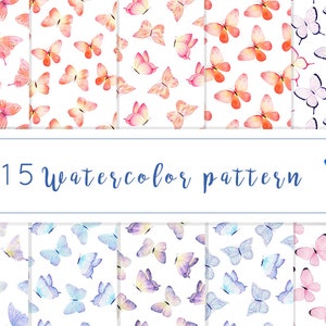 Padrões sem emenda de borboleta aquarela. Papel digital, clipart de borboleta, cartões comemorativos, planejador, scrapbooking, artesanato, adesivo de planejador