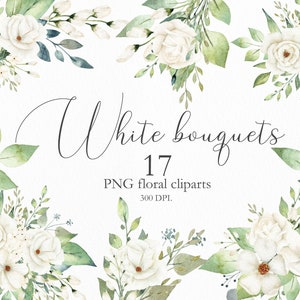 Aquarell Weiß Blumen Clipart Set, 17 Blumen und Grüne Blätter Bouquets, Digitale Clip Art für Hochzeitseinladungen,PNG Illustration.C013