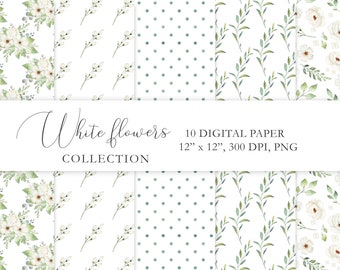 White Floral Spring Digital Paper, Flowers And Greenery Seamless Pattern, Botanical Clipart, Floral Background, Transparent PNG Files. C011