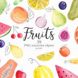 Imágenes prediseñadas de frutas de acuarela, imágenes prediseñadas de cocina, frutas tropicales pintadas a mano de verano conjunto de archivos PNG Descarga digital para bricolaje - VFT