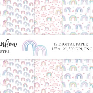 Papier numérique arc-en-ciel pastel aquarelle, motif de douche de bébé arc-en-ciel, paquet de papier sans couture 12''x12'', mur de chambre d'enfant de style scandinave. C002