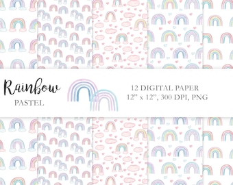 Watercolor Pastel Rainbow Digital Paper, Rainbow Baby Shower Pattern, Seamless Paper Pack 12&#39;&#39;x12&#39;&#39;, Scandinavian Style Nursery Wall. C002