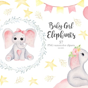 Acuarela Baby Elephant Clipart. Linda niña rosa woodland animales tropicales. Perfecto para Baby Shower, fiesta de cumpleaños, Digital png. ELP