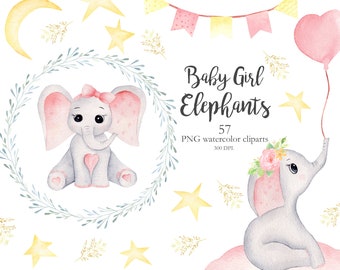 Watercolor Baby Elephant Clipart. Cute Pink Little Girl Woodland Tropical Animals. Perfect for Baby Shower, Birthday Party, Digital Png. ELP