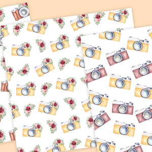 Watercolor Vintage Camera Digital Paper, Retro Floral Photo Camera ...