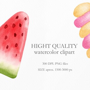 May include: Watercolor clipart of two popsicles. One is a watermelon popsicle with red and green colors and black seeds. The other is a stack of four round popsicles with yellow and pink colors.  HIGH QUALITY watercolor clipart. 300 DPI. PNG files. SIZE approx. 1500-3000 px