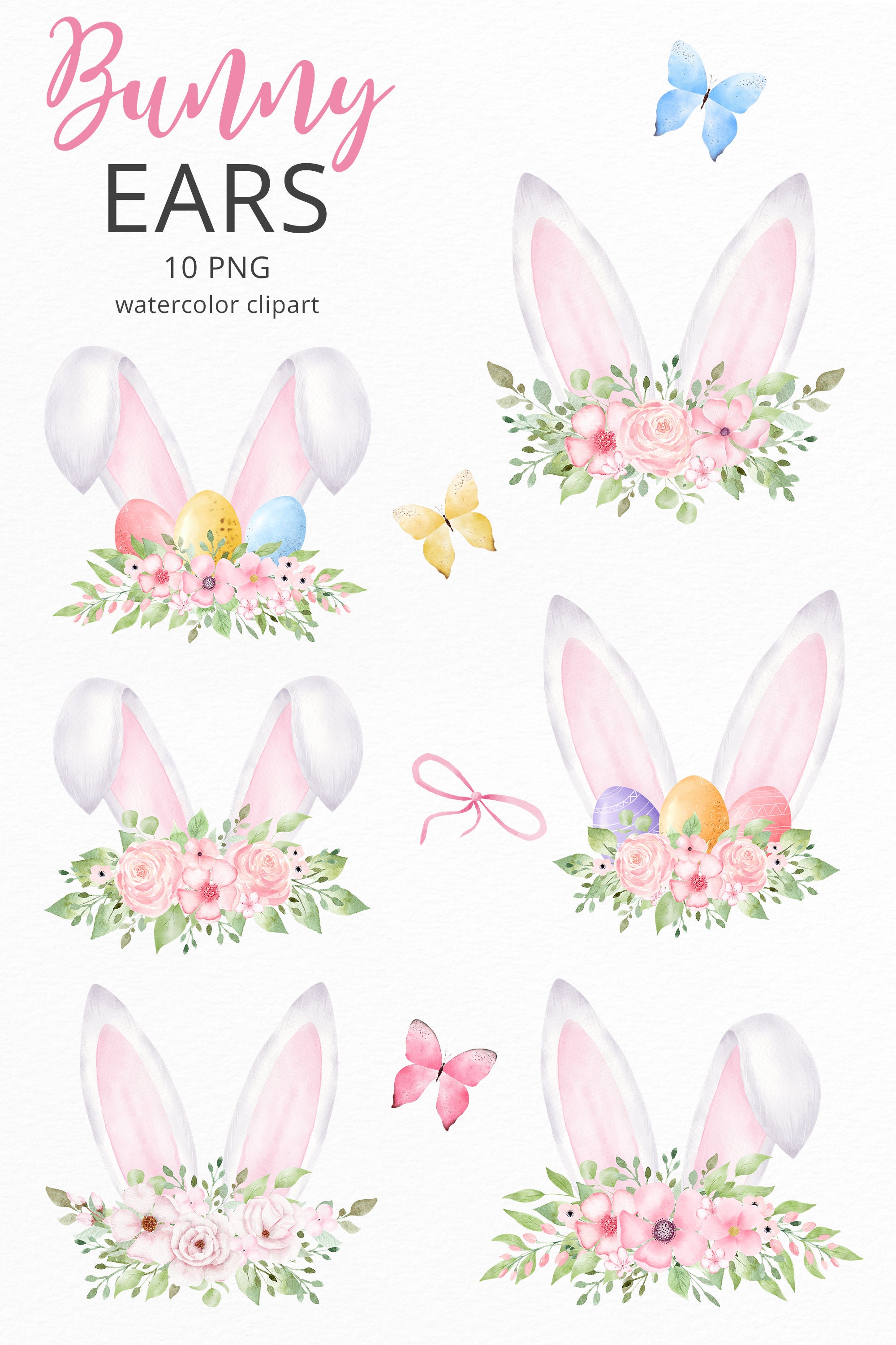 Bunny Ears Watercolor Clipart, Floral Easter Clip Art, Spring PNG ...