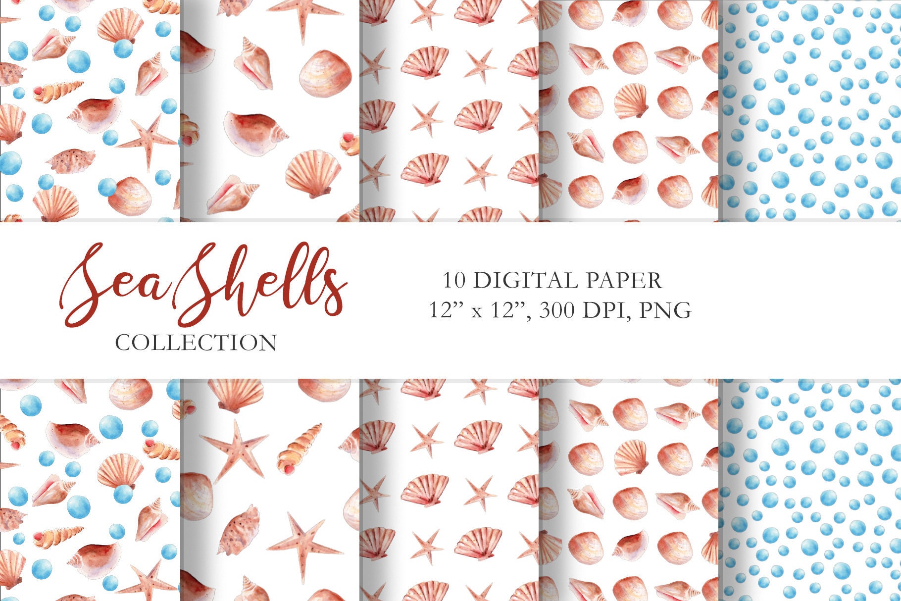 Seashell Digital Paper Pack Watercolor Shells Patterns - Etsy