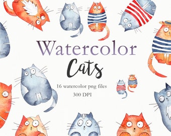 Watercolor cats clipart, cute cats illustration, italy watercolor clip art, animal digital png.