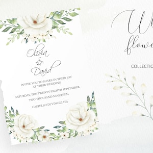 Watercolor White Flowers and Greenery Leaves, Wedding Invitation Clip Art, 47 Clipart Floral Elements, Botanical PNG Illustration, C013 image 3