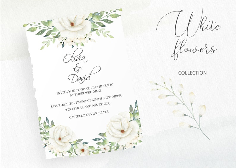 Watercolor White Flowers and Greenery Leaves, Wedding Invitation Clip Art, 47 Clipart Floral Elements, Botanical PNG Illustration, C013 image 3